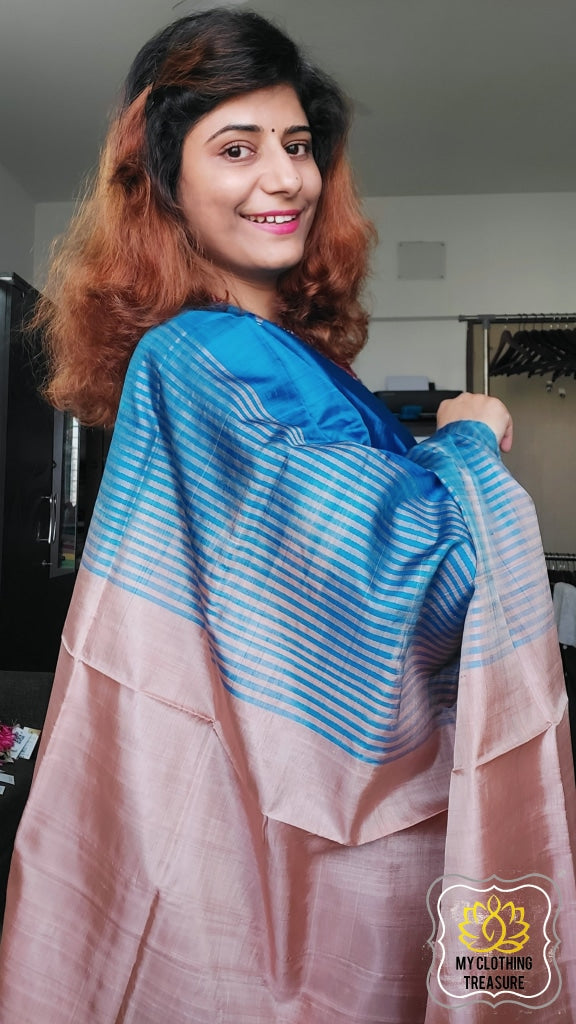 Handwoven Banana Pith Silk Saree- Blue And Tussar Saree