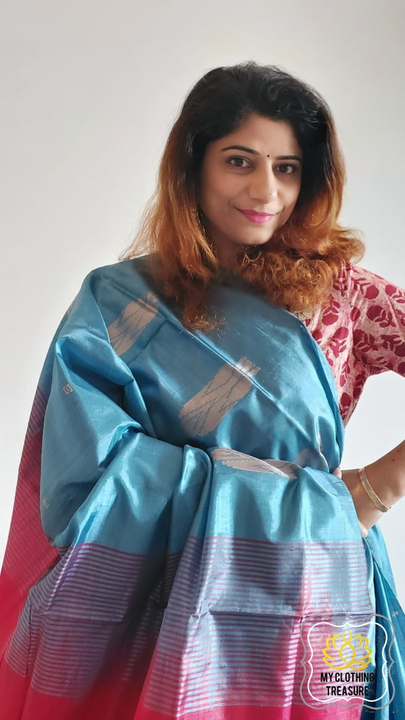 Handwoven Banana Pith Silk Saree- Blue Grey And Red Saree