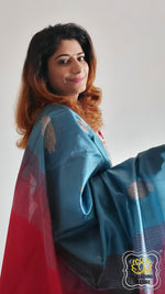 Load image into Gallery viewer, Handwoven Banana Pith Silk Saree- Blue Grey And Red Saree
