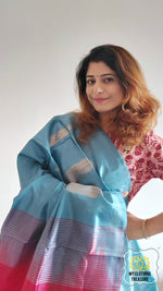 Load image into Gallery viewer, Handwoven Banana Pith Silk Saree- Blue Grey And Red Saree
