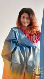 Load image into Gallery viewer, Handwoven Banana Pith Silk Saree- Blue-Grey And Yellow Saree
