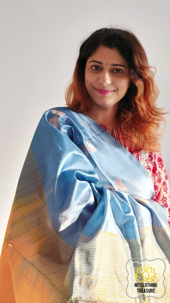 Handwoven Banana Pith Silk Saree- Blue-Grey And Yellow Saree