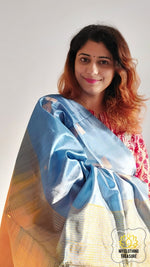 Load image into Gallery viewer, Handwoven Banana Pith Silk Saree- Blue-Grey And Yellow Saree
