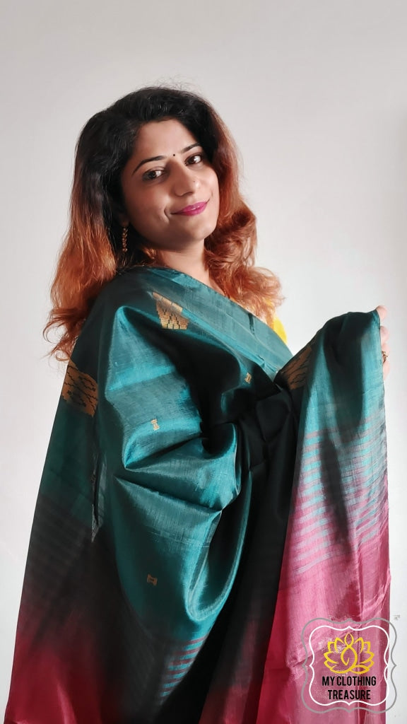 Handwoven Banana Pith Silk Saree- Bottle Green And Maroon Saree