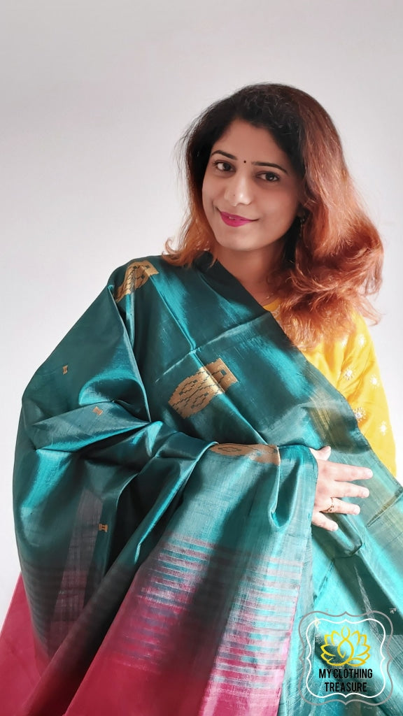 Handwoven Banana Pith Silk Saree- Bottle Green And Maroon Saree