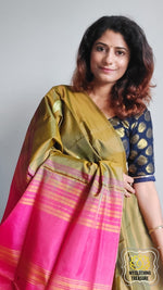 Load image into Gallery viewer, Handwoven Banana Pith Silk Saree- Bronze And Coral Pink Saree
