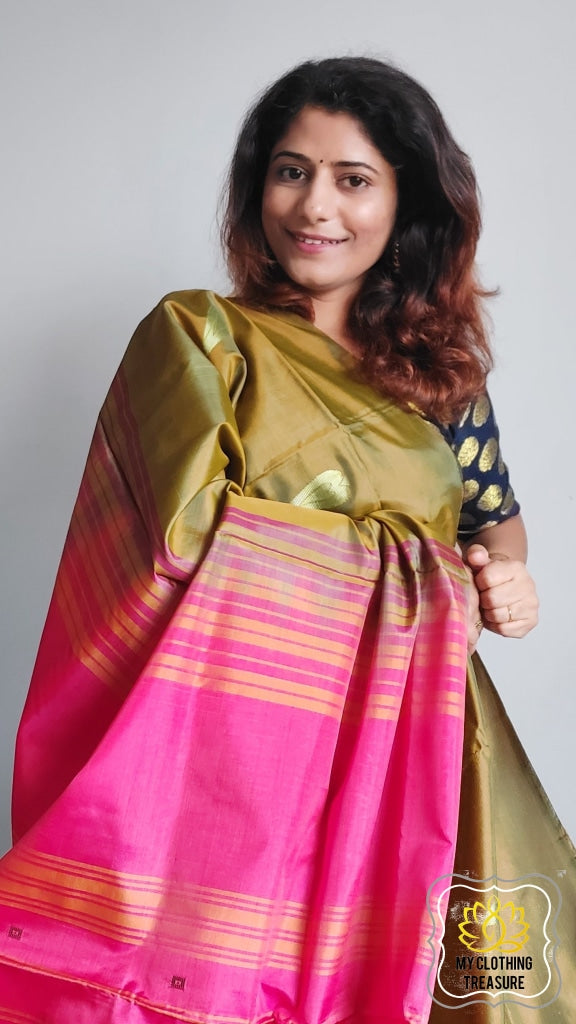 Handwoven Banana Pith Silk Saree- Bronze And Coral Pink Saree