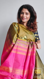 Load image into Gallery viewer, Handwoven Banana Pith Silk Saree- Bronze And Coral Pink Saree
