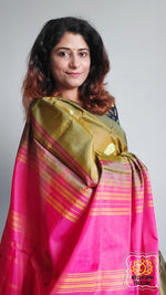 Load image into Gallery viewer, Handwoven Banana Pith Silk Saree- Bronze And Coral Pink Saree
