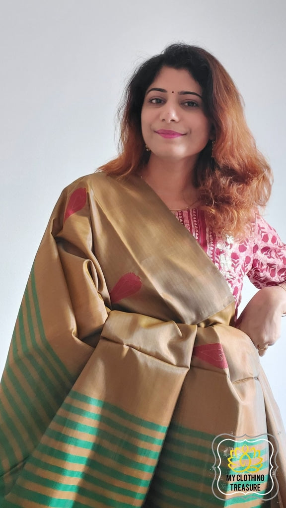 Handwoven Banana Pith Silk Saree- Bronze And Green Saree