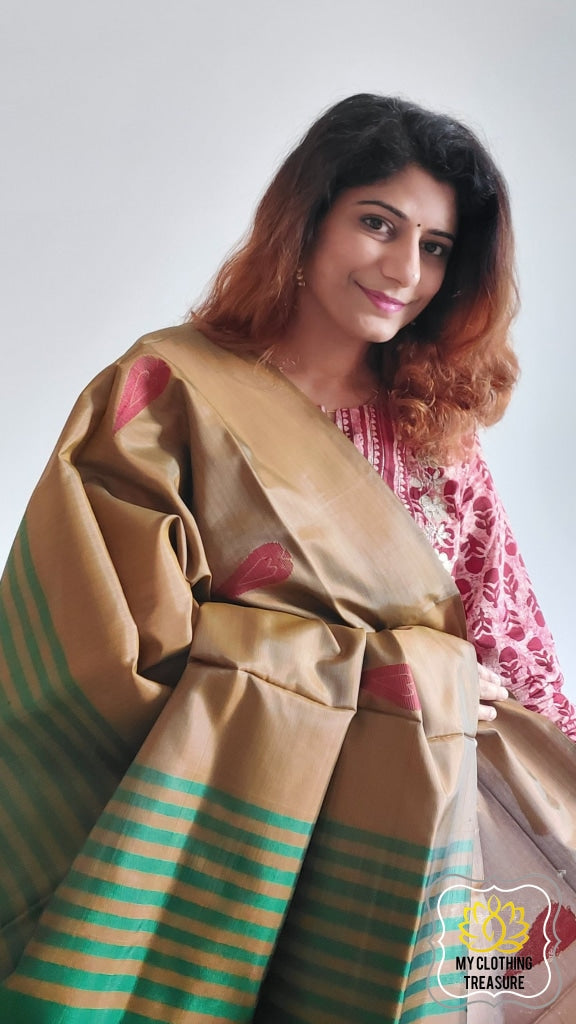 Handwoven Banana Pith Silk Saree- Bronze And Green Saree