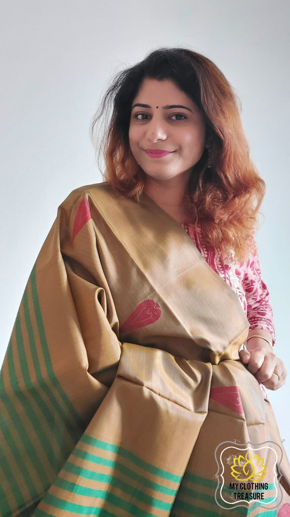 Handwoven Banana Pith Silk Saree- Bronze And Green Saree