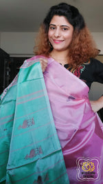 Load image into Gallery viewer, Handwoven Banana Pith Silk Saree- Candy Pink And Mint Saree
