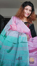 Load image into Gallery viewer, Handwoven Banana Pith Silk Saree- Candy Pink And Mint Saree
