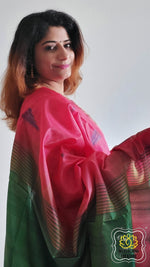 Load image into Gallery viewer, Handwoven Banana Pith Silk Saree- Carrot Red And Green Saree
