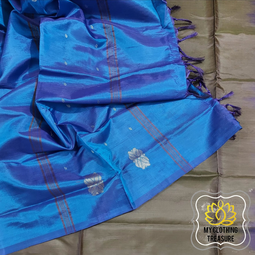 Handwoven Banana Pith Silk Saree- Dark Olive And Royal Blue Saree