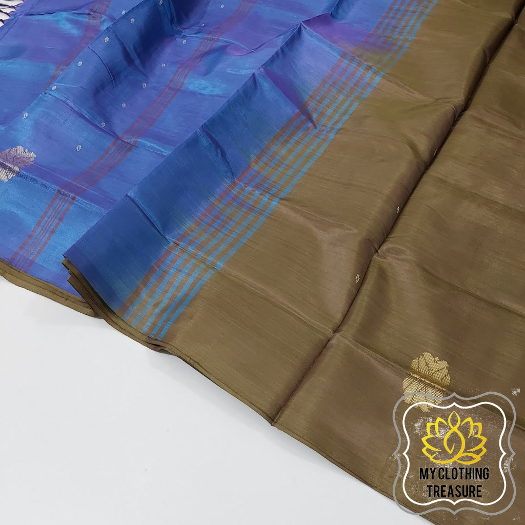 Handwoven Banana Pith Silk Saree- Dark Olive And Royal Blue Saree