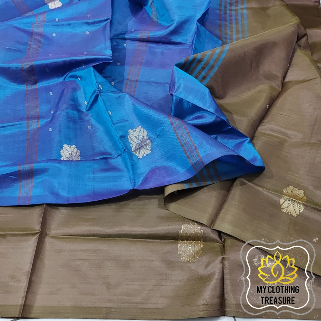 Handwoven Banana Pith Silk Saree- Dark Olive And Royal Blue Saree