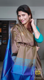 Load image into Gallery viewer, Handwoven Banana Pith Silk Saree- Dark Olive And Royal Blue Saree
