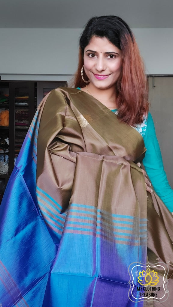 Handwoven Banana Pith Silk Saree- Dark Olive And Royal Blue Saree