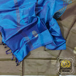 Load image into Gallery viewer, Handwoven Banana Pith Silk Saree- Dark Olive And Royal Blue Saree
