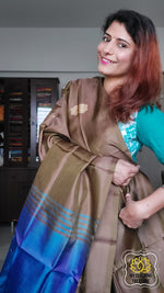 Load image into Gallery viewer, Handwoven Banana Pith Silk Saree- Dark Olive And Royal Blue Saree
