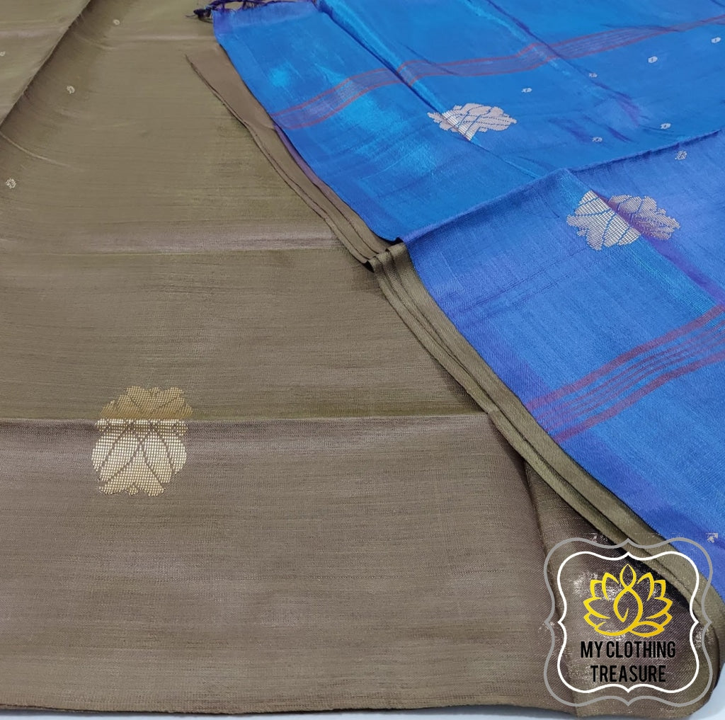 Handwoven Banana Pith Silk Saree- Dark Olive And Royal Blue Saree