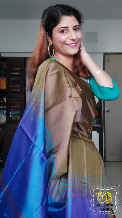 Handwoven Banana Pith Silk Saree- Dark Olive And Royal Blue Saree