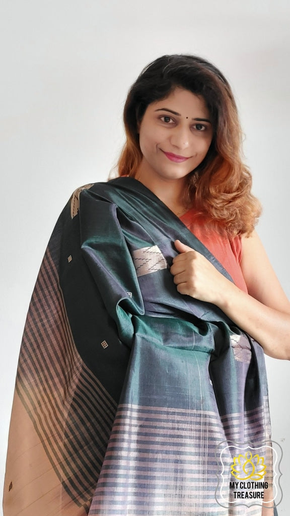 Handwoven Banana Pith Silk Saree- Deep Emerald Green Saree