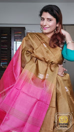 Load image into Gallery viewer, Handwoven Banana Pith Silk Saree- Deep Gold And Pink Saree
