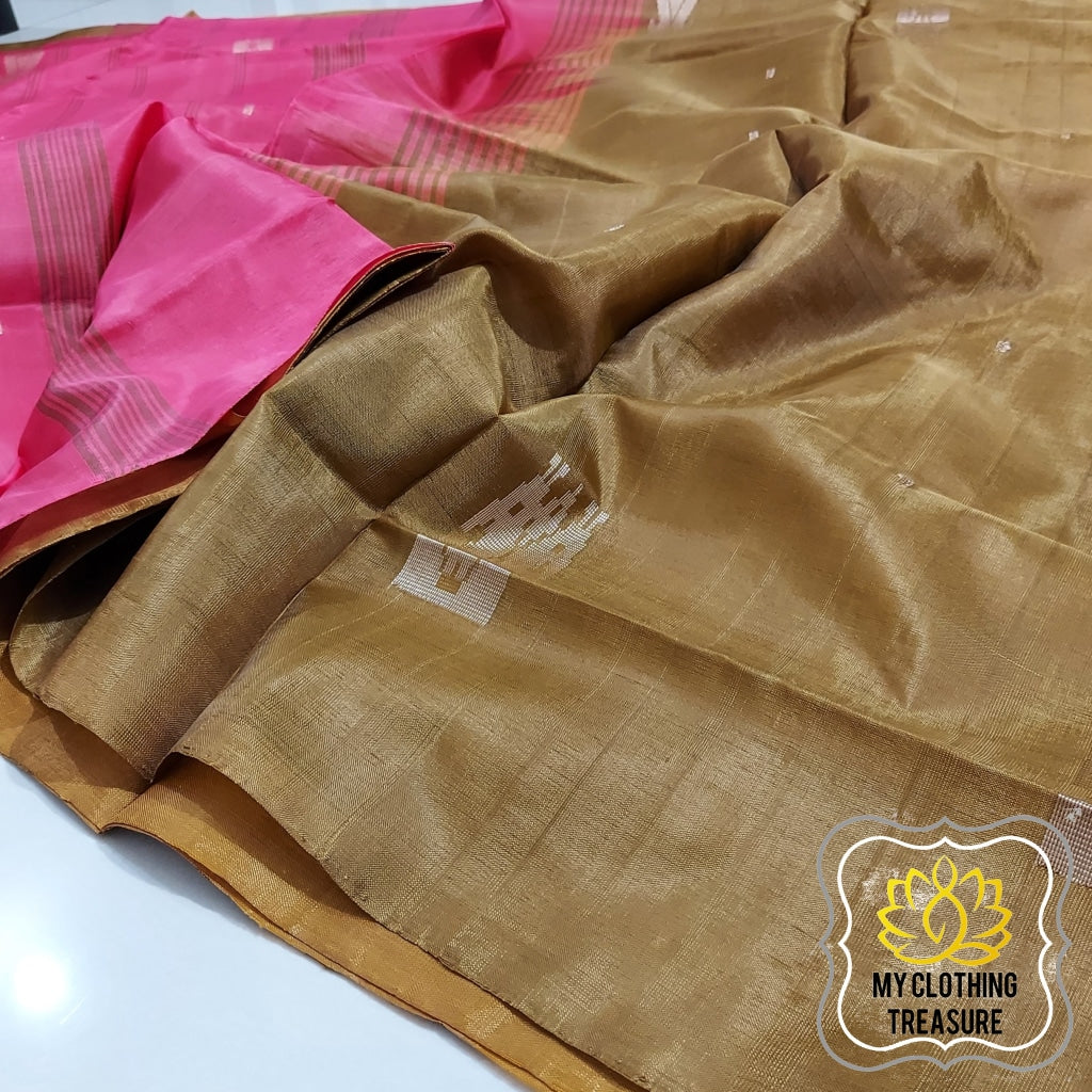 Handwoven Banana Pith Silk Saree- Deep Gold And Pink Saree