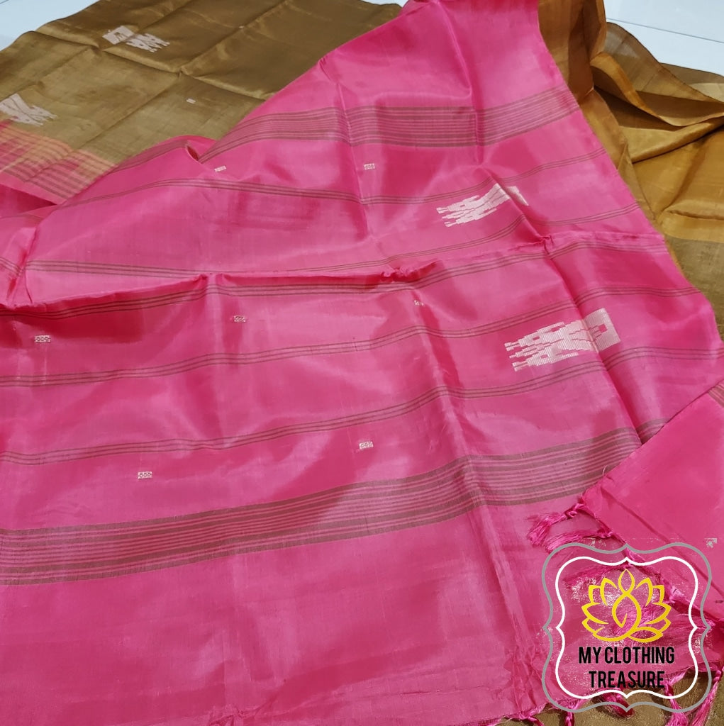 Handwoven Banana Pith Silk Saree- Deep Gold And Pink Saree