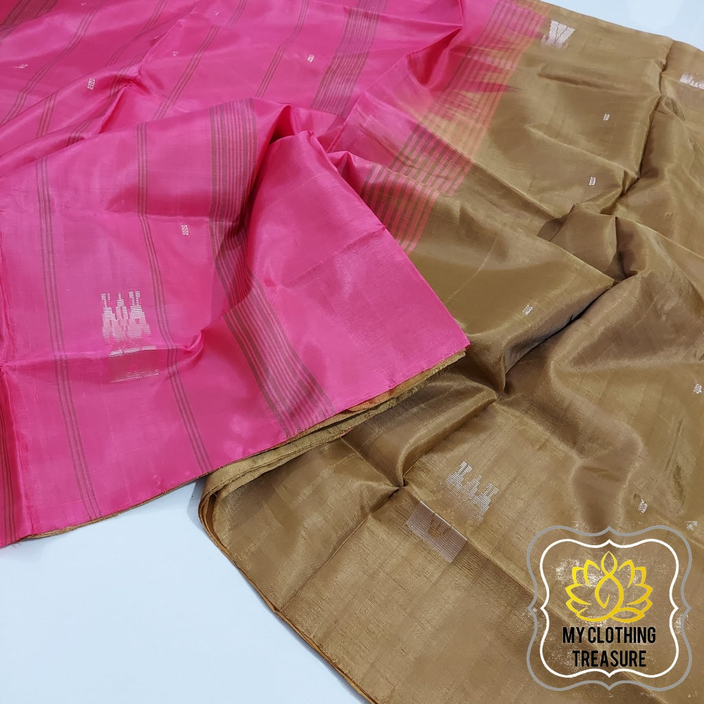 Handwoven Banana Pith Silk Saree- Deep Gold And Pink Saree