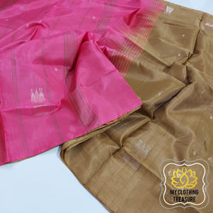 Handwoven Banana Pith Silk Saree- Deep Gold And Pink Saree