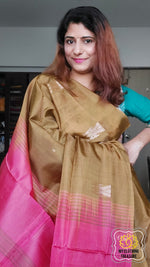 Load image into Gallery viewer, Handwoven Banana Pith Silk Saree- Deep Gold And Pink Saree
