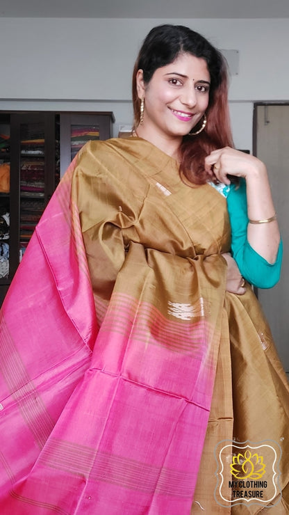 Handwoven Banana Pith Silk Saree- Deep Gold And Pink Saree