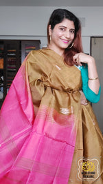 Load image into Gallery viewer, Handwoven Banana Pith Silk Saree- Deep Gold And Pink Saree
