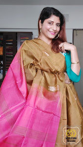 Handwoven Banana Pith Silk Saree- Deep Gold And Pink Saree