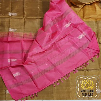 Handwoven Banana Pith Silk Saree- Deep Gold And Pink Saree