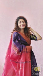 Load image into Gallery viewer, Handwoven Banana Pith Silk Saree- Deep Purple Saree
