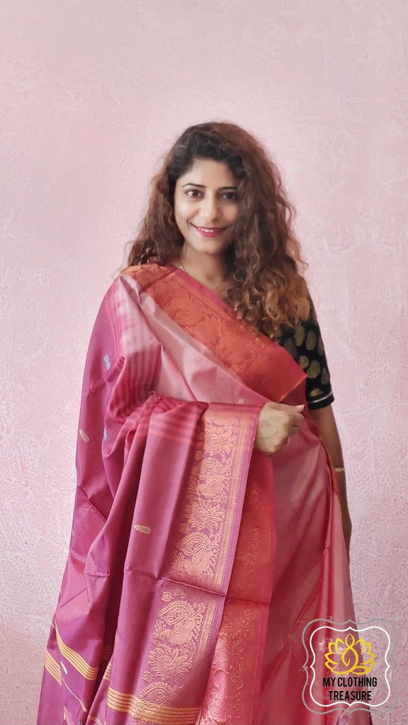 Handwoven Banana Pith Silk Saree- Dual Tone Peach Saree