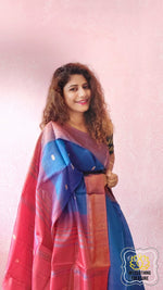 Load image into Gallery viewer, Handwoven Banana Pith Silk Saree- Dual Tone Royal Blue Saree
