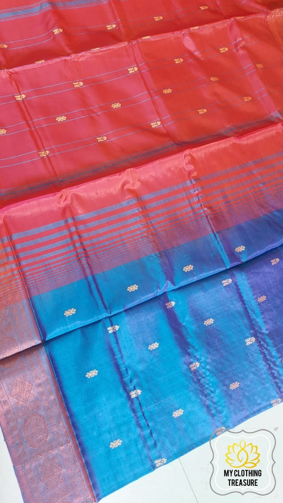 Handwoven Banana Pith Silk Saree- Dual Tone Royal Blue Saree