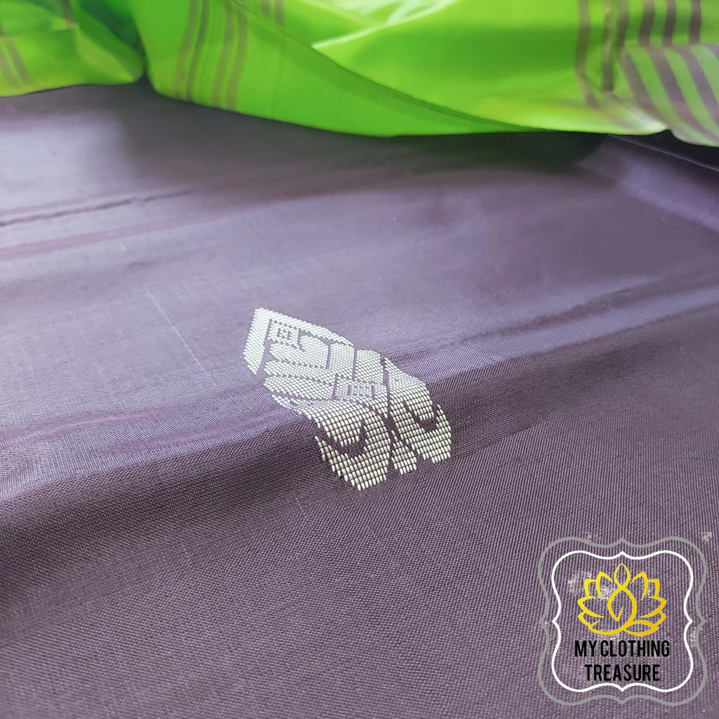 Handwoven Banana Pith Silk Saree- Eggplant And Green Saree