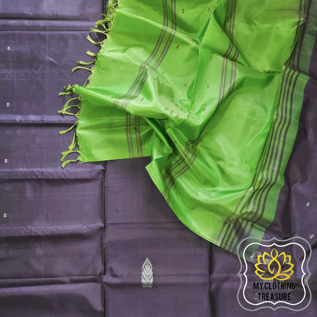 Handwoven Banana Pith Silk Saree- Eggplant And Green Saree