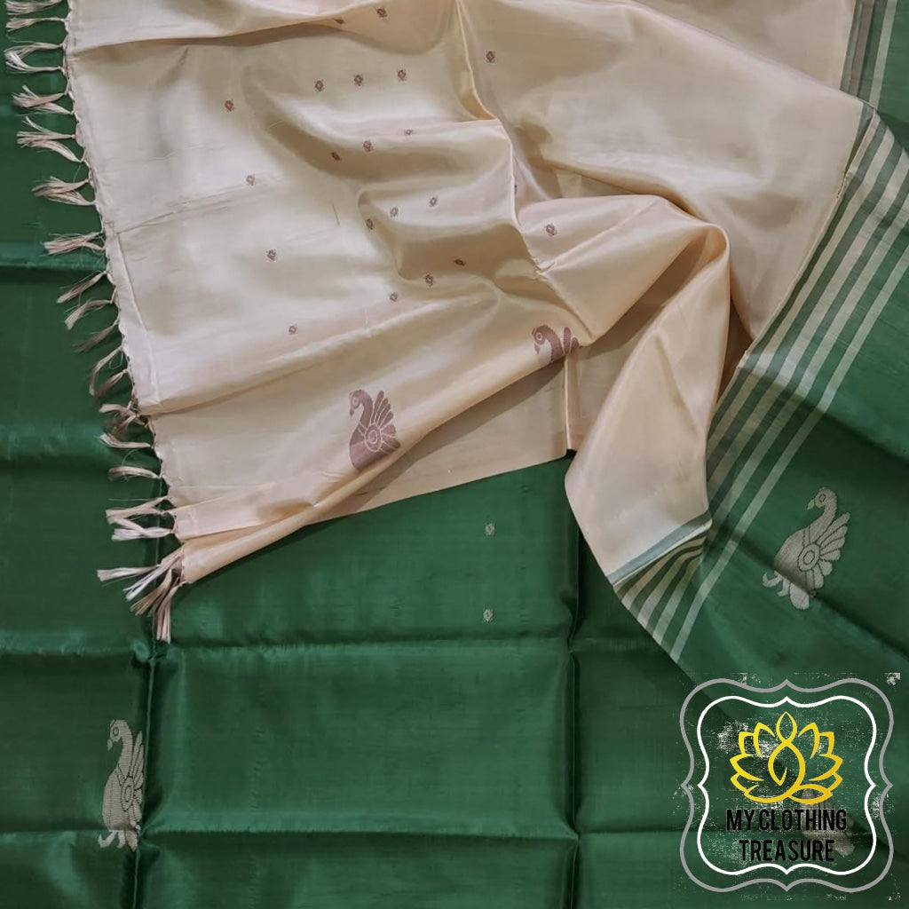 Handwoven Banana Pith Silk Saree- English Green And Tussar Saree