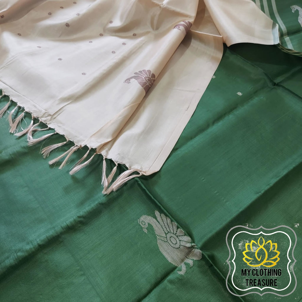 Handwoven Banana Pith Silk Saree- English Green And Tussar Saree