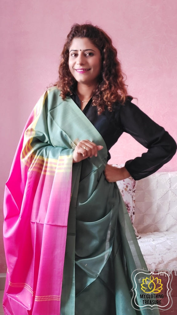 Handwoven Banana Pith Silk Saree- English Green & Pink Saree