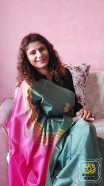 Load image into Gallery viewer, Handwoven Banana Pith Silk Saree- English Green &amp; Pink Saree
