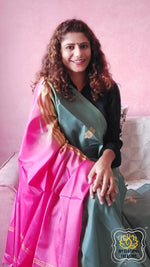 Load image into Gallery viewer, Handwoven Banana Pith Silk Saree- English Green &amp; Pink Saree
